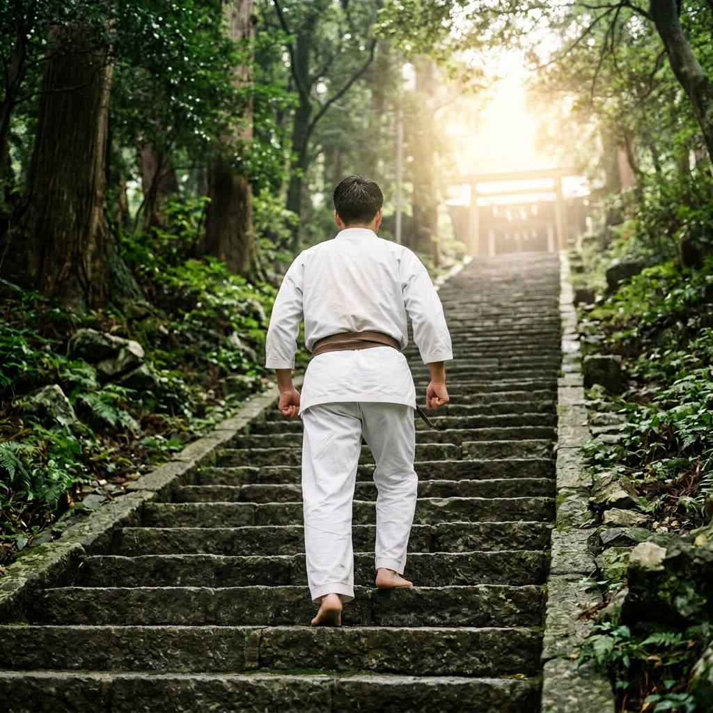 Martial artist in white gi with brown belt climbing stone steps in forest